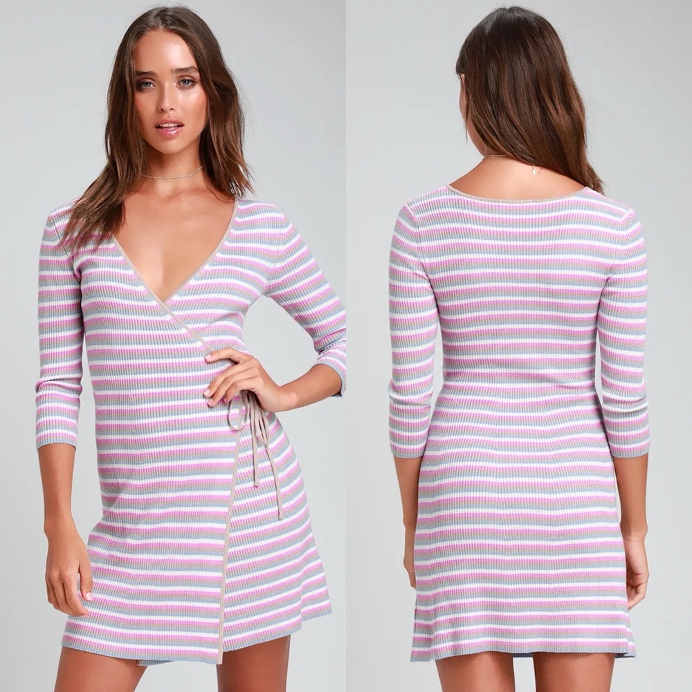 Lulus | Supremely Sara Taupe Multi Striped Sweater Wrap Dress